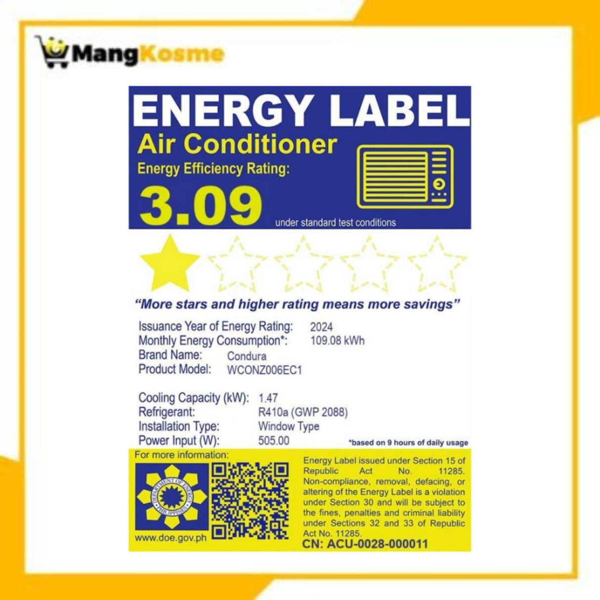 Condura 0.50 HP 6S Standard Window-Type Air Conditioner (Class B)