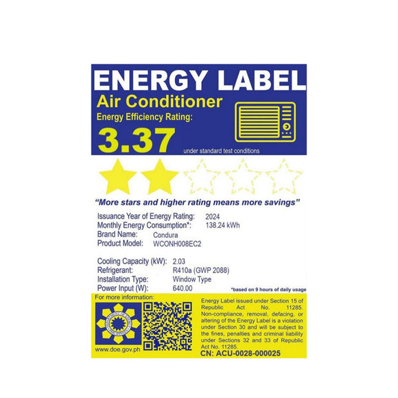 Condura 0.75 HP Timer 6X Series Window-Type Air Conditioner (Class B)