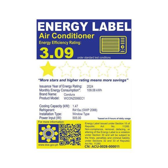 Condura 0.5 HP Standard R410A Window-Type Air Conditioner (Class A)