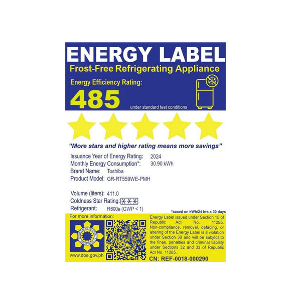 Toshiba 16 Cu. Ft Two Door Top Mount Freezer, No Frost Inverter Refrigerator (Class B)