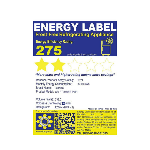 Toshiba 8.2 Cu. Ft. Top Mount Two Door No Frost Inverter Refrigerator (Class A)