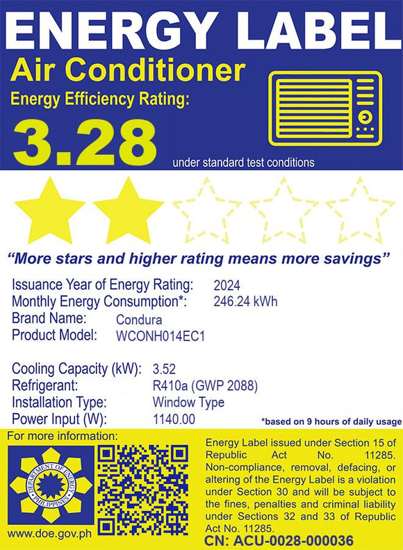 Condura 1.50 HP Deluxe 6X Series Window-Type Air Conditioner (Class B)