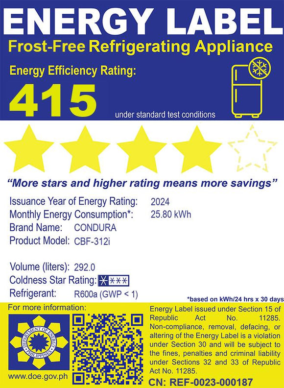 Condura 10 Cu. Ft. No Frost Bottom Freezer Inverter Refrigerator, Black Matte, CBF312i (Class A)