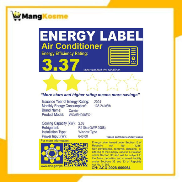 Carrier 0.75 HP Timer I-Cool Window-Type Air Conditioner (Premium)