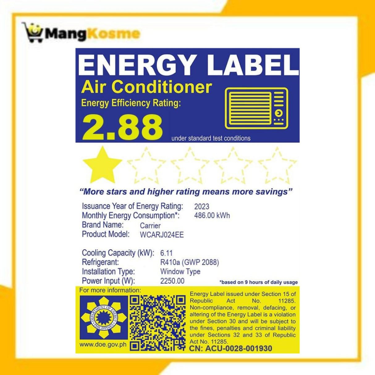 Carrier 2.50 HP Aura Side Discharge Window-Type, Non-Inverter Air Conditioner (Class B)
