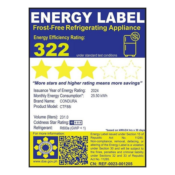 Condura 8.2 Cu.Ft. No Frost, Top Freezer Inverter Refrigerator, Midnight Slate Gray CTF88i (Class B)