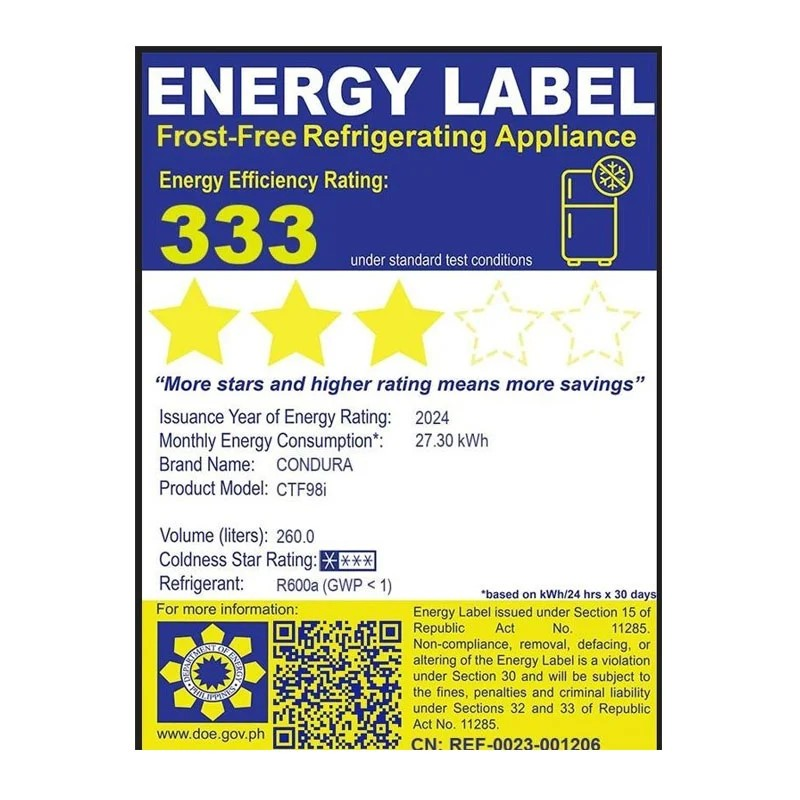 Condura 9.2 Cu.Ft. No Frost, Top Freezer Inverter Refrigerator, Midnight Slate Gray CTF98i (Class A)