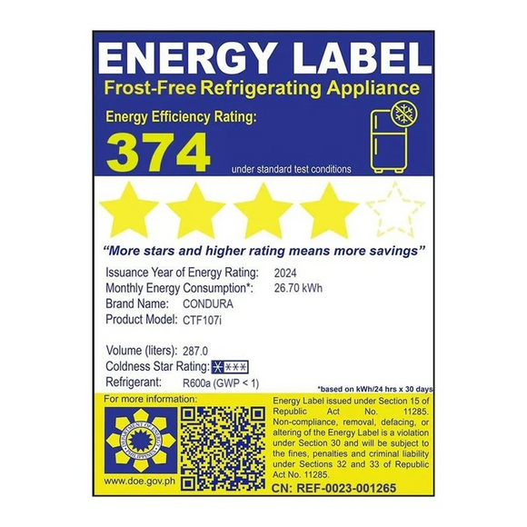 Condura 10.1 Cu.Ft. No Frost, Top Freezer Inverter Refrigerator, Midnight Slate Gray CTF107i (Class A)