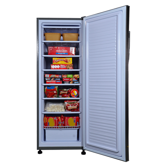 condura-negosyo-8-cubic-feet-upright-inverter-freezer-manual-defrost-steel-gray-full-open-door-view-with-sample-contents-mang-kosme