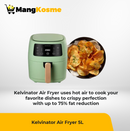 kelvinator-5-liter-air-fryer-matte-light-green-front-with-sample-cooked-food-view-mang-kosme